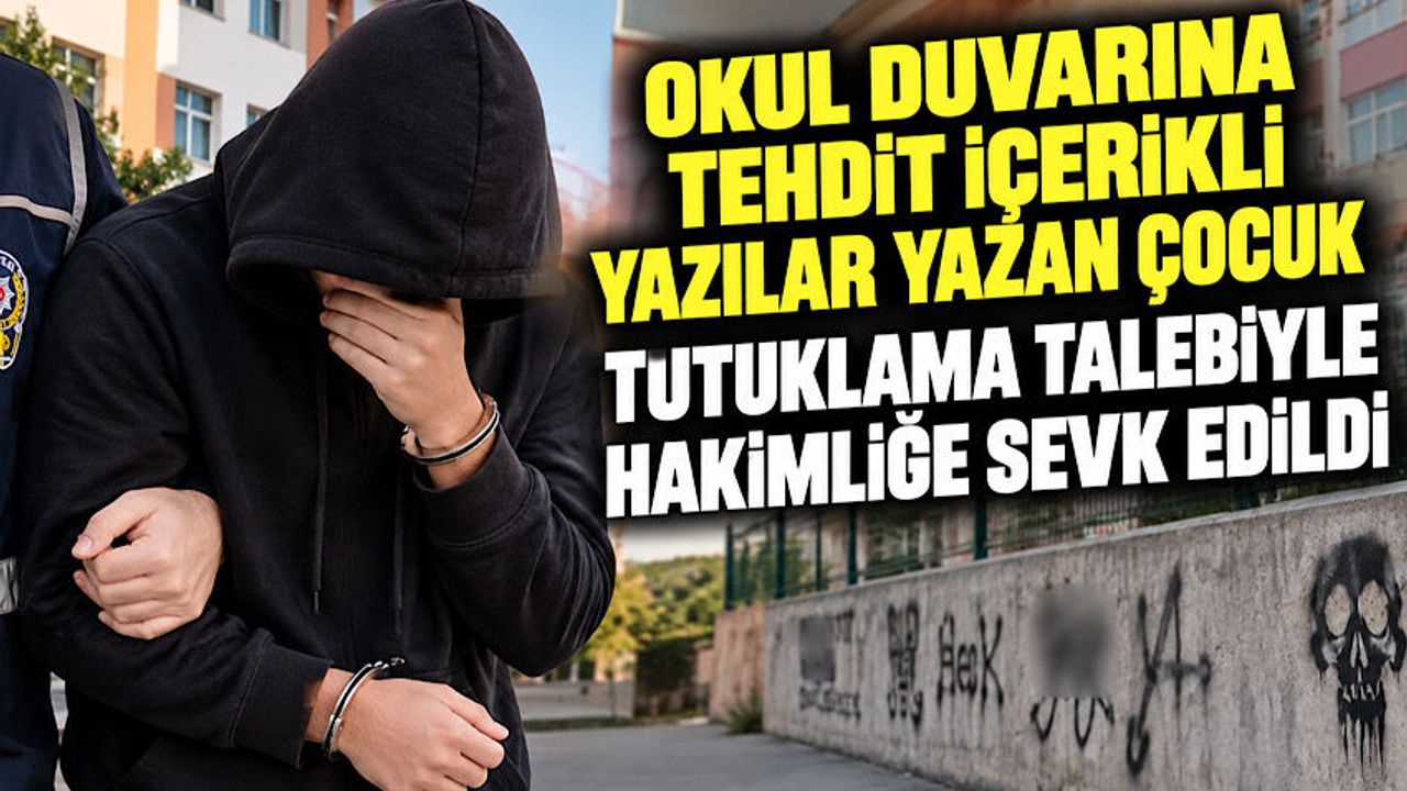 Okul duvarına tehdit içerikli yazılar yazan çocuk tutuklama talebiyle hakimliğe sevk edildi