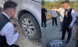 Düğün konvoyunu durdurup damada lastik değiştirttiler