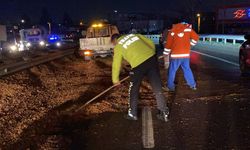 Devrilen tırdan yola dökülen talaşı polis temizledi