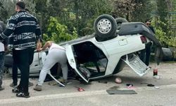 Fidanlıktaki ağaçlı saksılara çarpan otomobil ters döndü: 1 yaralı