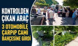 Kontrolden çıkan araç 3 otomobile çarpıp cami bahçesine girdi