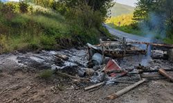 Park halindeki karavan ile iş makinesi yandı