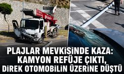 Plajlar mevkisinde kaza: Kamyon refüje çıktı, direk otomobilin üzerine düştü