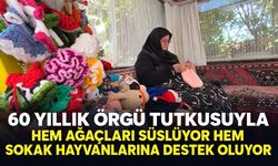 60 yıllık örgü tutkusuyla hem ağaçları süslüyor hem sokak hayvanlarına destek oluyor
