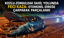 Kozlu-Zonguldak sahil yolunda feci kaza: otomobil direğe çarparak parçalandı