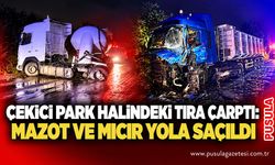 Çekici park halindeki tıra çarptı: Mazot ve mıcır yola saçıldı