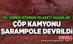 Yol vermek isterken felaketi yaşadılar! Çöp kamyonu şarampole devrildi