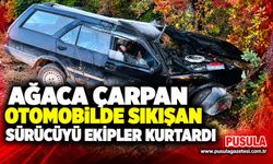 Ağaca çarpan otomobilde sıkışan sürücüyü ekipler kurtardı