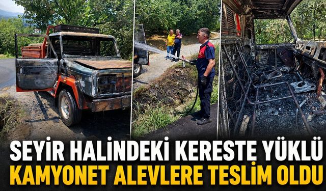 Seyir halindeki kereste yüklü kamyonet alevlere teslim oldu