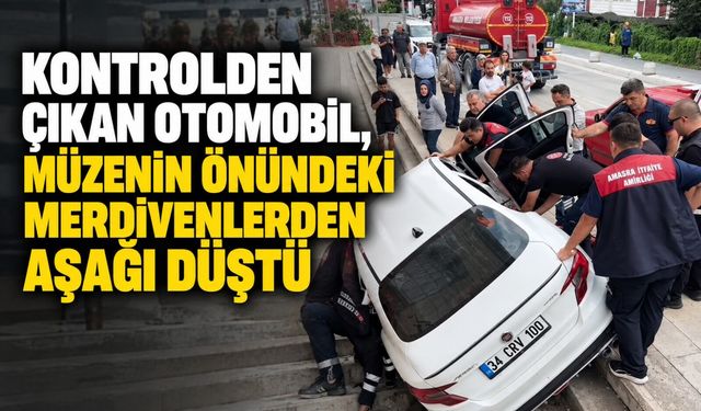 Kontrolden çıkan otomobil, müzenin önündeki merdivenlerden aşağı düştü