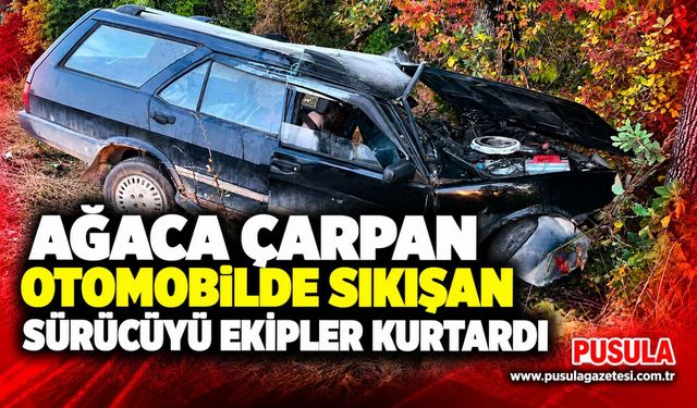 Ağaca çarpan otomobilde sıkışan sürücüyü ekipler kurtardı