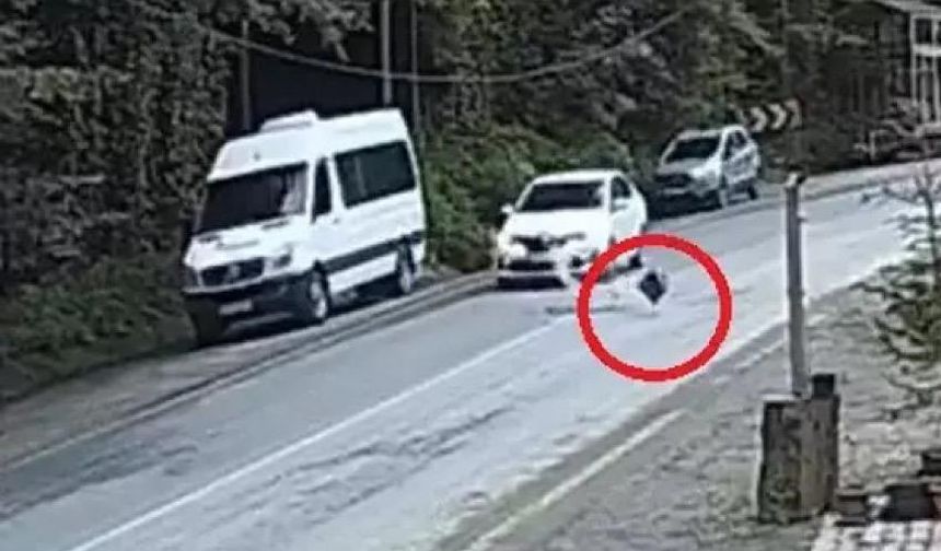Seyir halindeki otomobilin önüne kaya düştü