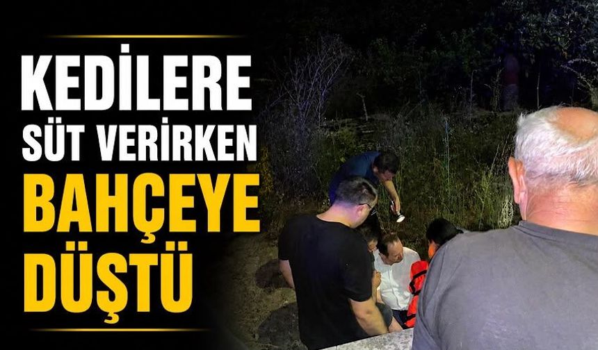Kedilere süt verirken bahçeye düştü
