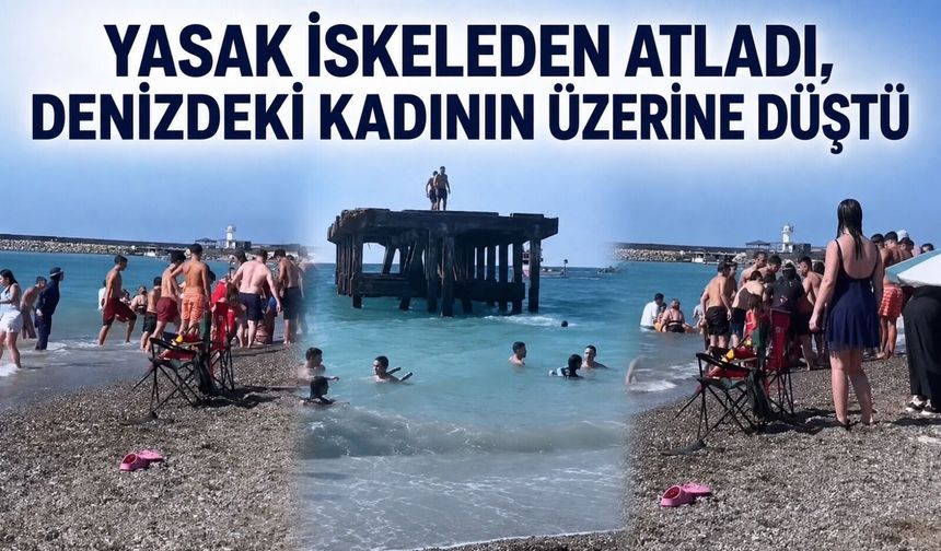 Yasak iskeleden atladı, denizdeki kadının üzerine düştü