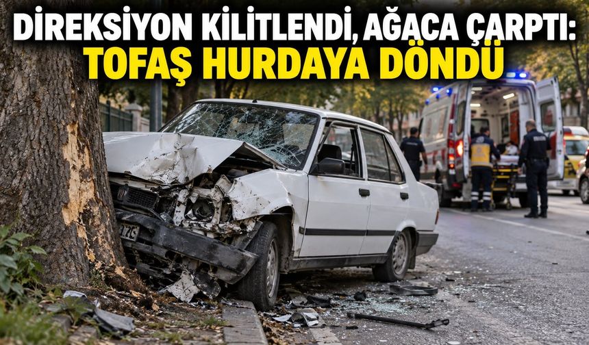 Direksiyon kilitlendi, ağaca çarptı: Tofaş hurdaya döndü